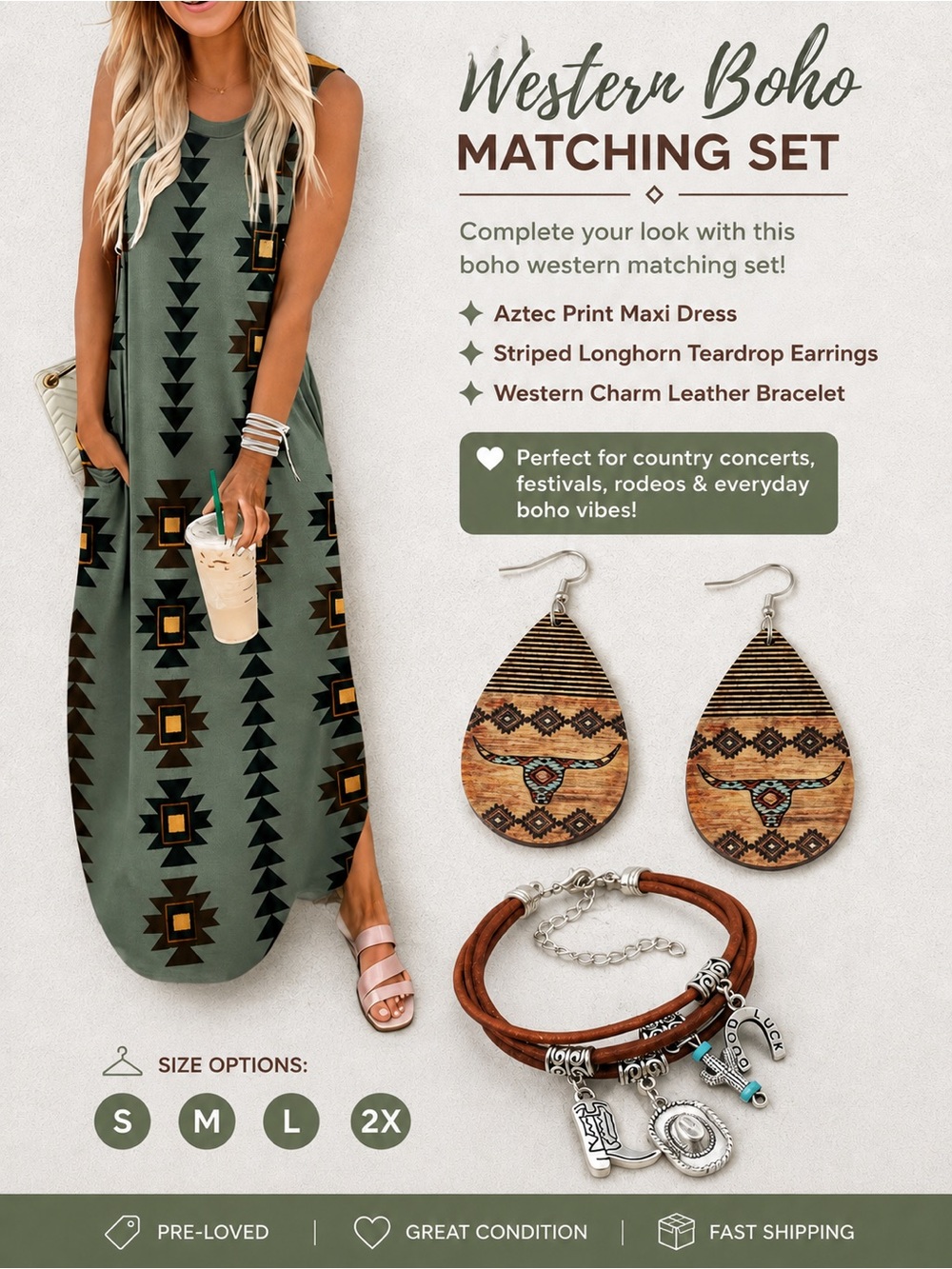 Boho Aztec Maxi Dress - Sage Green